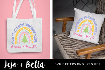 Christmas rainbow svg, merry and bright svg, christmas tree svg, christmas shirt svg, christmas sign svg, boho christmas svg, cute christmas svg, SVG Jojo&Bella 