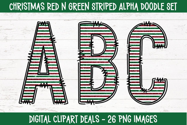 Christmas Red and Green Striped Doodle Alphabet Sublimation Digital Clipart Deals 