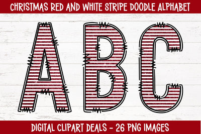 Christmas Red and White Stripe Doodle Alphabet Sublimation Digital Clipart Deals 