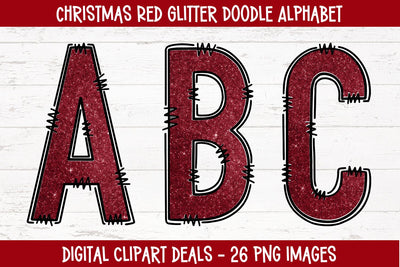 Christmas Red Glitter Doodle Alphabet Sublimation Digital Clipart Deals 