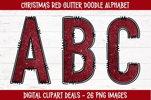 Christmas Red Glitter Doodle Alphabet Sublimation Digital Clipart Deals 