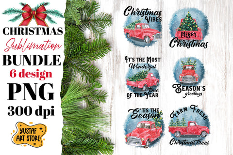 Christmas red truck sublimation Bundle. 6 design PNG with and without text Sublimation Yustaf Art Store 