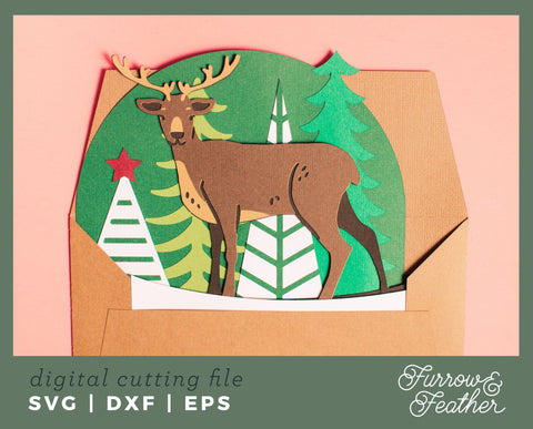 Christmas Reindeer Box Card 3D Paper Furrow and Feather SVG 