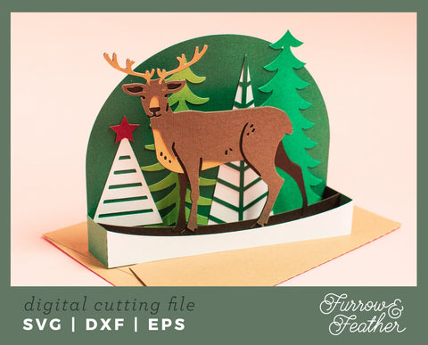 Christmas Reindeer Box Card 3D Paper Furrow and Feather SVG 