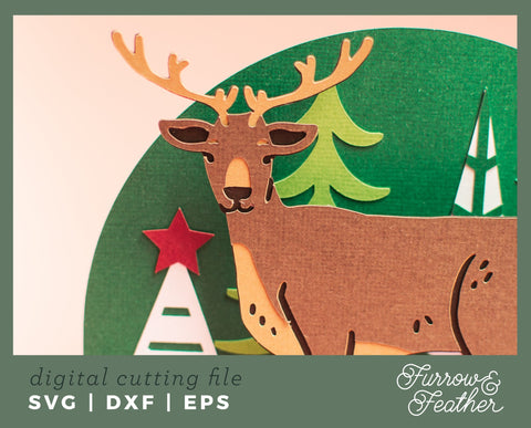 Christmas Reindeer Box Card 3D Paper Furrow and Feather SVG 