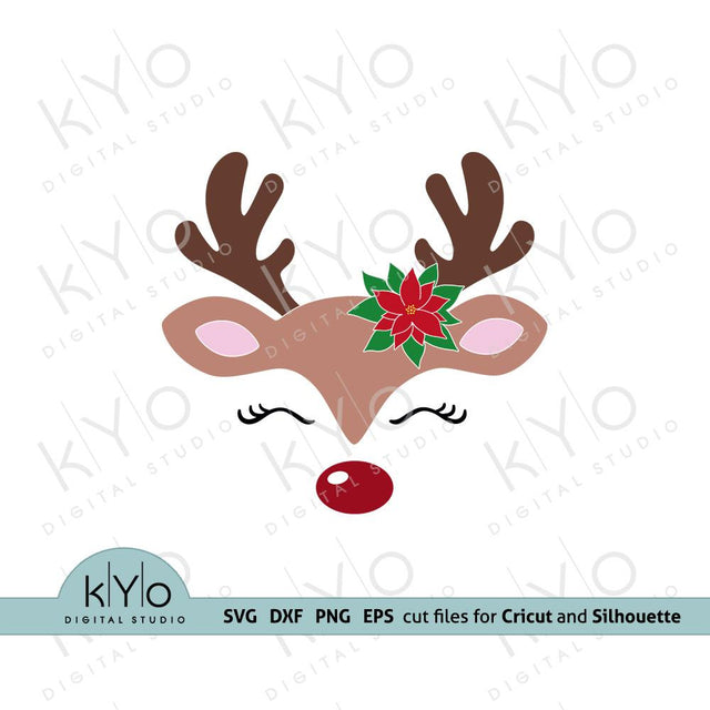 Christmas Reindeer Face with Poinsettia SVG files SVG kYo Digital Studio 