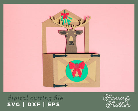 Christmas Reindeer Stall Box Card 3D Paper Furrow and Feather SVG 
