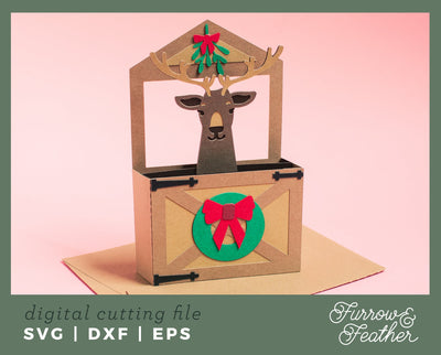 Christmas Reindeer Stall Box Card 3D Paper Furrow and Feather SVG 