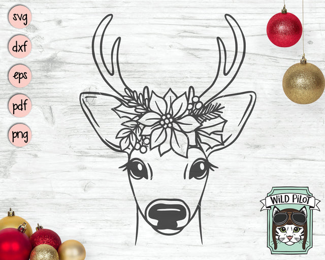 Christmas Reindeer SVG file, Deer Poinsettia SVG, Deer cut file, Reindeer Floral svg, Deer Flower svg, Christmas Animals svg, Poinsettia Animals svg SVG Wild Pilot 
