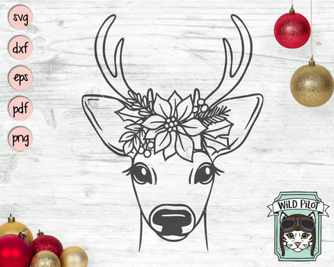 Christmas Reindeer SVG file, Deer Poinsettia SVG, Deer cut file, Reindeer Floral svg, Deer Flower svg, Christmas Animals svg, Poinsettia Animals svg SVG Wild Pilot 