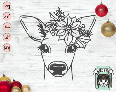 Christmas Reindeer SVG file, Deer Poinsettia SVG, Deer cut file, Reindeer Floral svg, Deer Flower svg, Christmas Animals svg, Poinsettia Animals svg SVG Wild Pilot 