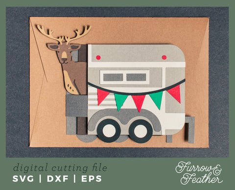 Christmas Reindeer Trailer Side Box Card 3D Paper Furrow and Feather SVG 