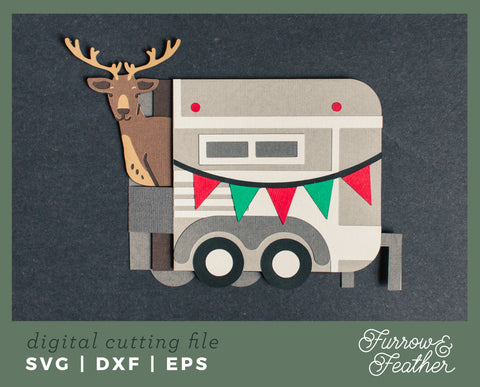 Christmas Reindeer Trailer Side Box Card 3D Paper Furrow and Feather SVG 