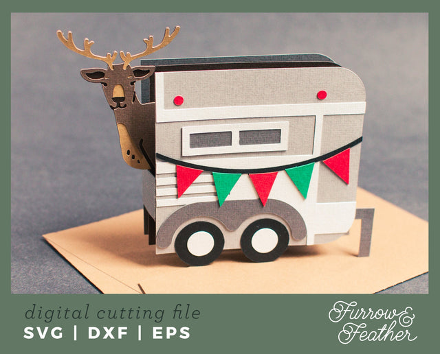 Christmas Reindeer Trailer Side Box Card 3D Paper Furrow and Feather SVG 