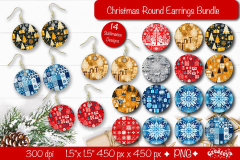Christmas Round Earring Bundle Sublimation Designs with Christmas pattern background Sublimation Createya Design 