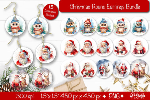 Christmas Round Earring Sublimation Bundle Designs Christmas earring png Owl and Santa Sublimation Createya Design 
