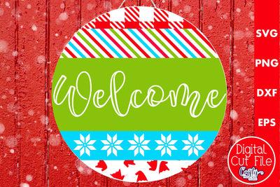 Christmas Round Sign Svg Door Hanger, Welcome SVG Crafty Mama Studios 
