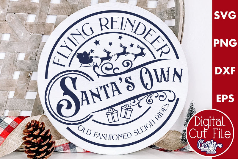 Christmas Round Sign Svg, Flying Reindeer Door Hanger - So Fontsy