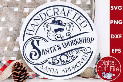 Christmas Round Sign Svg, Santa's Workshop Door Hanger SVG Crafty Mama Studios 