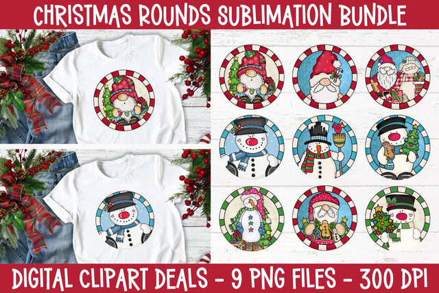 Christmas Rounds Sublimation Bundle - Bundle of 9 Santa & Snowmen Round Sublimation Designs Sublimation Digital Clipart Deals 
