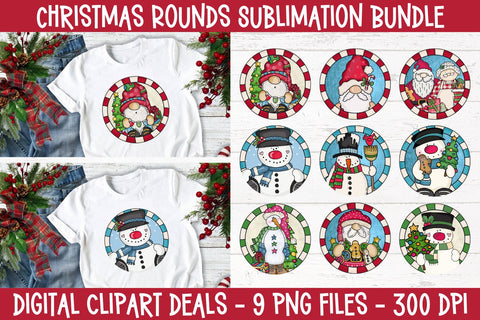 Christmas Rounds Sublimation Bundle - Bundle of 9 Santa & Snowmen Round Sublimation Designs Sublimation Digital Clipart Deals 
