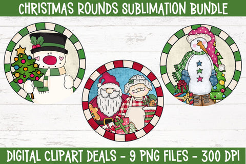 Christmas Rounds Sublimation Bundle - Bundle of 9 Santa & Snowmen Round Sublimation Designs Sublimation Digital Clipart Deals 