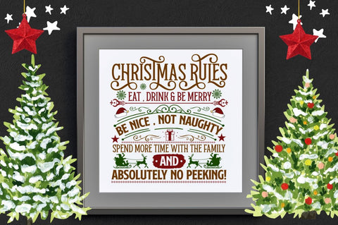 Christmas rules eat , drink & be merry be nice , not naughty spend more time with the family and absolutely no peeking! SVGSVG SVG DESIGNISTIC 