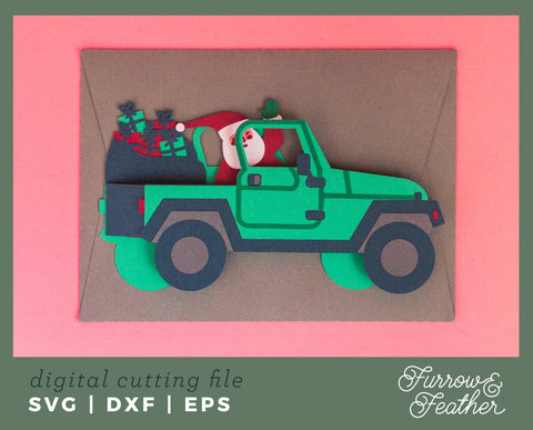 Christmas Santa Jeep Box Card 3D Paper Furrow and Feather SVG 