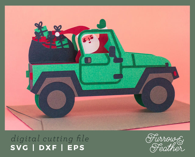 Christmas Santa Jeep Box Card 3D Paper Furrow and Feather SVG 