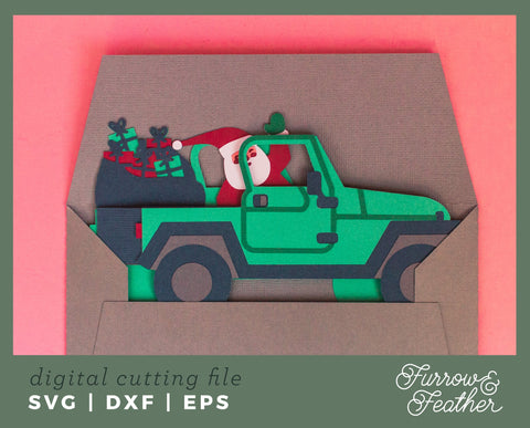 Christmas Santa Jeep Box Card 3D Paper Furrow and Feather SVG 
