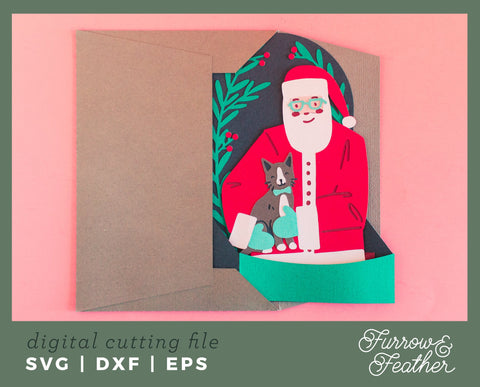 Christmas Santa with Cat Box Card 3D Paper Furrow and Feather SVG 