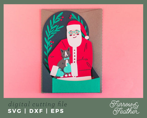 Christmas Santa with Cat Box Card 3D Paper Furrow and Feather SVG 