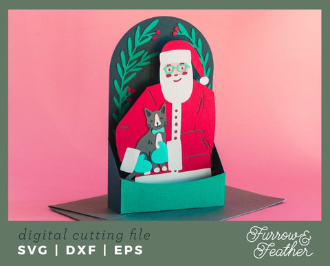 Christmas Santa with Cat Box Card 3D Paper Furrow and Feather SVG 