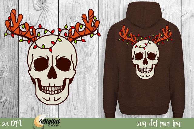 Christmas skeleton design for Hoodies. Skeleton with Deer Horns and Lights SVG Evgenyia Guschina 