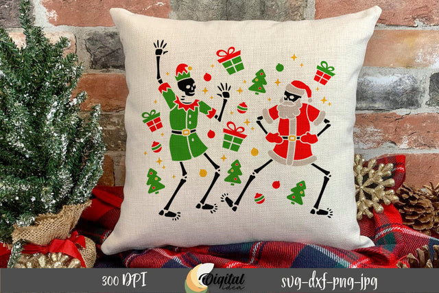 Christmas skeleton design for Pillows. Dancing Skeletons SVG. SVG Evgenyia Guschina 