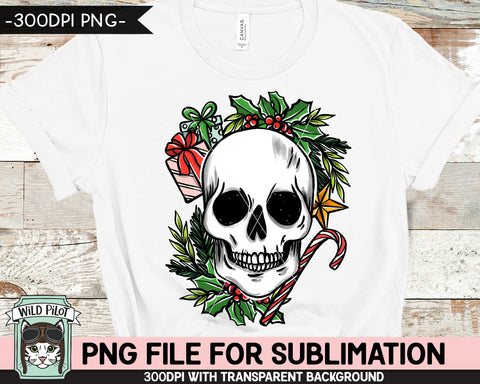 Christmas Skull SUBLIMATION design PNG, Christmas Skull png file, Christmas sublimation download, Skull with Holly png file, Candy Cane png file, Presents png file Sublimation Wild Pilot 