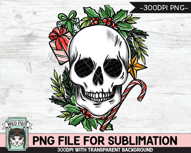 Christmas Skull SUBLIMATION design PNG, Christmas Skull png file, Christmas sublimation download, Skull with Holly png file, Candy Cane png file, Presents png file Sublimation Wild Pilot 