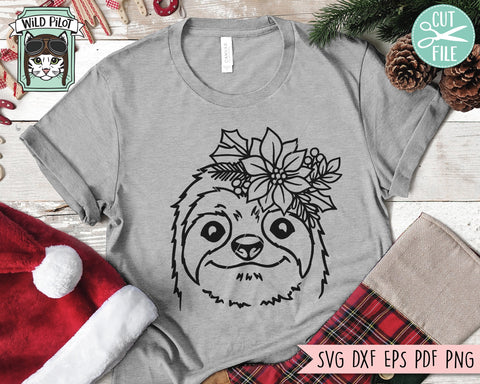 Christmas Sloth SVG file, Sloth Poinsettia SVG, Sloth cut file, Sloth Floral svg, Sloth Flower svg, Christmas Animals svg, Poinsettia Animals svg SVG Wild Pilot 