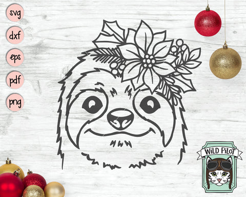 Christmas Sloth SVG file, Sloth Poinsettia SVG, Sloth cut file, Sloth Floral svg, Sloth Flower svg, Christmas Animals svg, Poinsettia Animals svg SVG Wild Pilot 