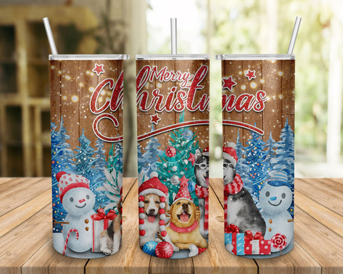 Christmas Snowman And Dogs PNG Sublimation Designs Wrap, Winter Farmhouse landscape, Christmas Dog Tumbler Png Download 20oz Skinny Tumbler Digital Pattern BOO-design 