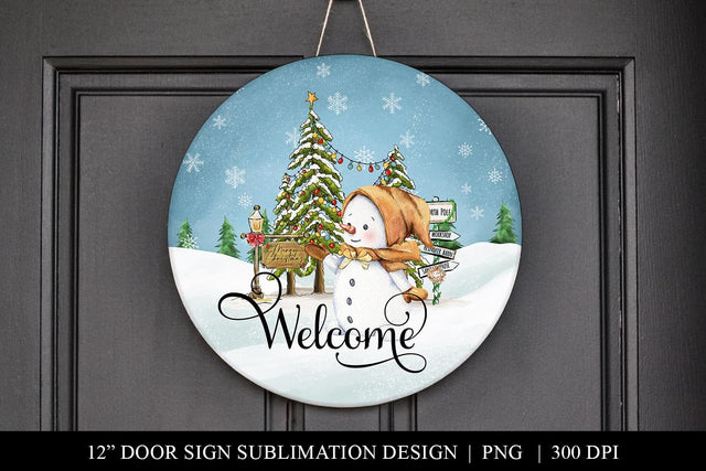 Christmas Snowman Welcome Round Door Hanger Sign Sublimation BijouBay 