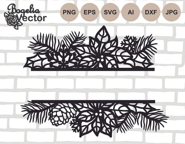 Christmas Split Frame Svg file, Christmas Svg, Christmas Cut file, Floral Monogram Frame, Holiday, Poinsettia, Pinecone, Silhouette Border SVG BogeliaVector 