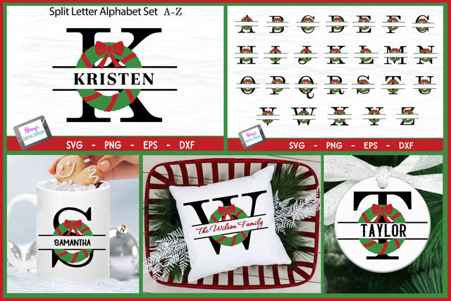 Christmas Split Letters A-Z with Wreath | Christmas Monogram SVG Stacy's Digital Designs 