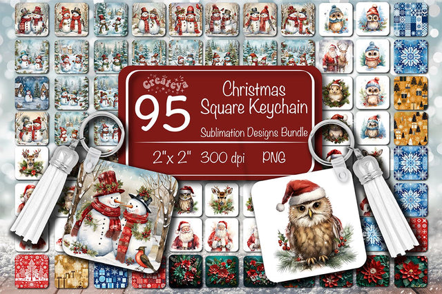 Christmas Square Keychain Bundle Keychain PNG Sublimation Bundle Santa Owl Snowman Baby Animal Watercolor Sublimation Createya Design 