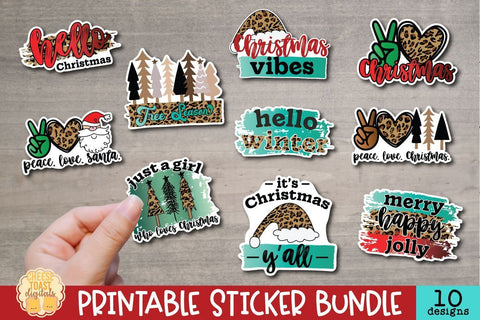 Christmas Stickers Bundle | 10 Holiday Printable Sticker Designs Sublimation Cheese Toast Digitals 