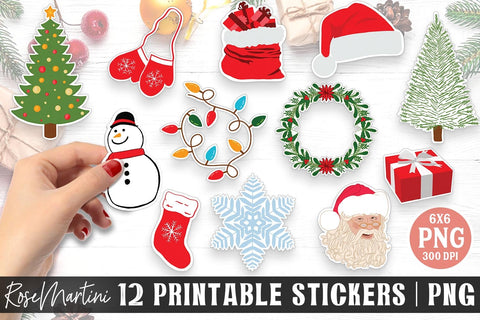 Christmas Stickers Bundle PNG Hand drawn Stickers Print Then Cut Winter Santa Stickers Sublimation RoseMartiniDesigns 