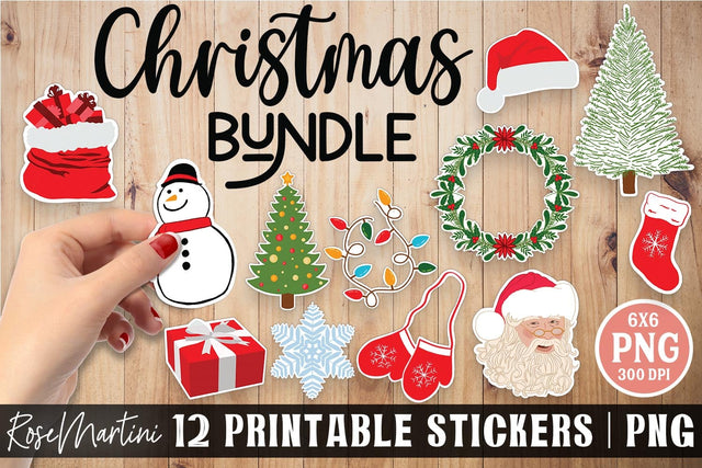Christmas Stickers Bundle PNG Hand drawn Stickers Print Then Cut Winter Santa Stickers Sublimation RoseMartiniDesigns 