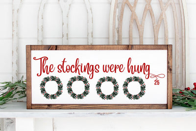 Christmas Stockings hung fireplace wreath hearth mantle digital sign svg cut files Cricut crafts art png dxf winter farmhouse designs SVG Farmstone Studio Designs 