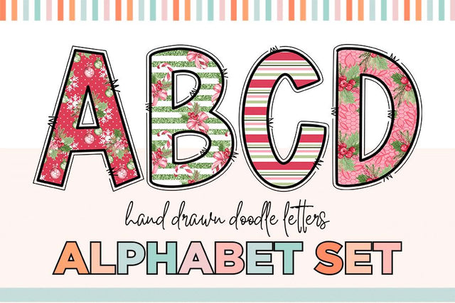 Christmas Stripes Hand Drawn Doodle Letter Alphabet Set Sublimation BijouBay 