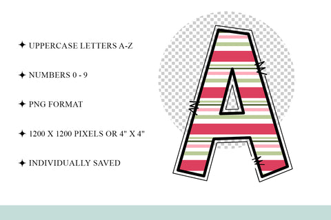 Christmas Stripes Hand Drawn Doodle Letter Alphabet Set Sublimation BijouBay 